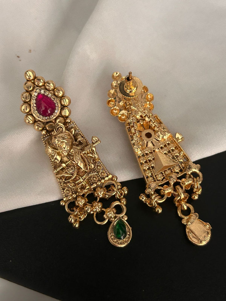 Antique Temple Design Earrings with Ruby & Emerald Stones