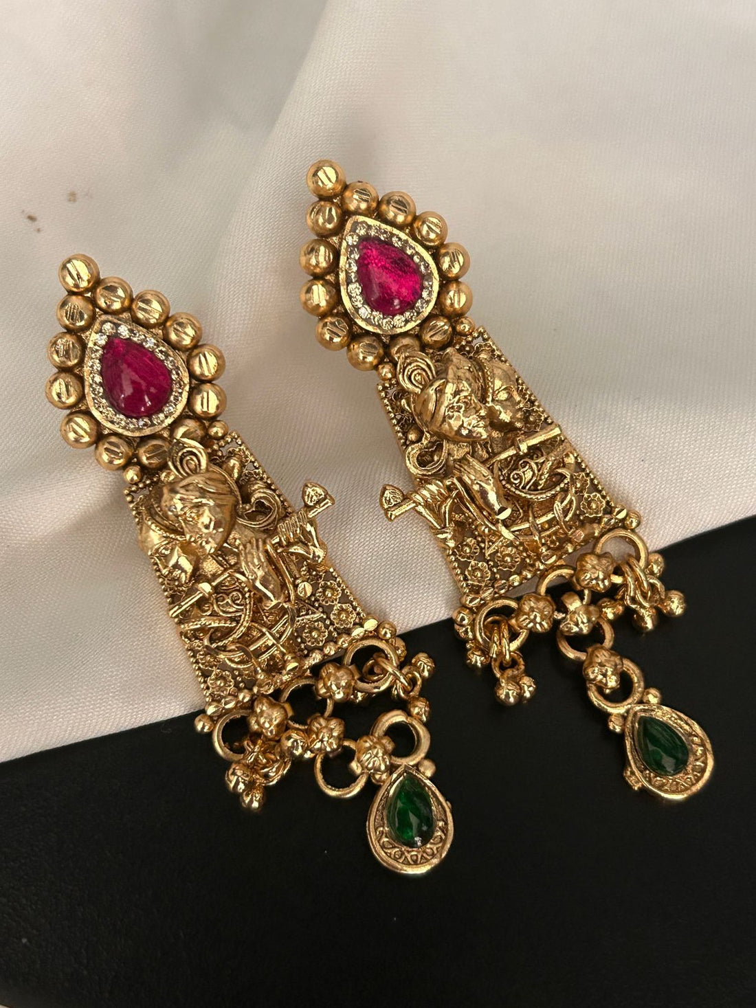 Antique Temple Design Earrings with Ruby & Emerald Stones