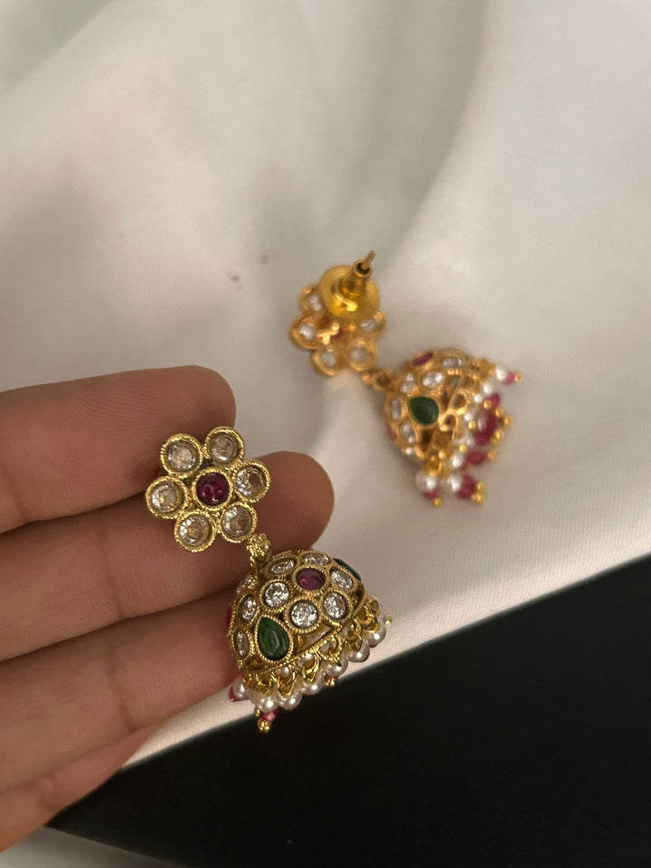 Floral Design Gold Plated Jhumka Earrings with Ruby, Emerald & Pearl Drops