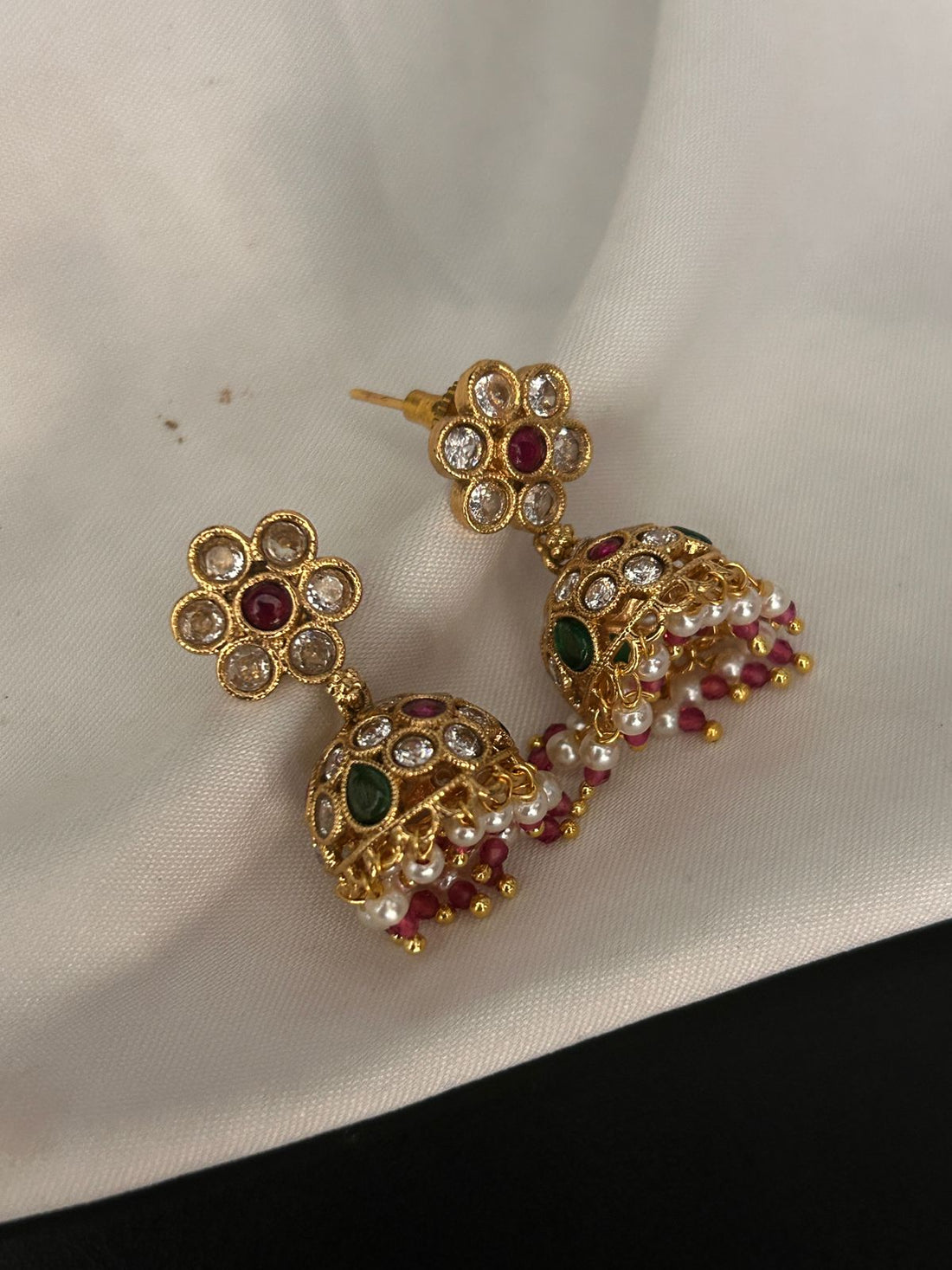 Floral Design Gold Plated Jhumka Earrings with Ruby, Emerald & Pearl Drops