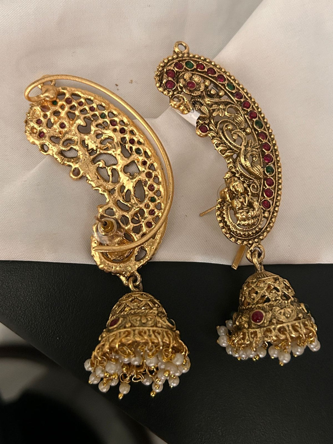 Antique Peacock Design Temple Jhumka Earrings with Ruby, Emerald & Pearls