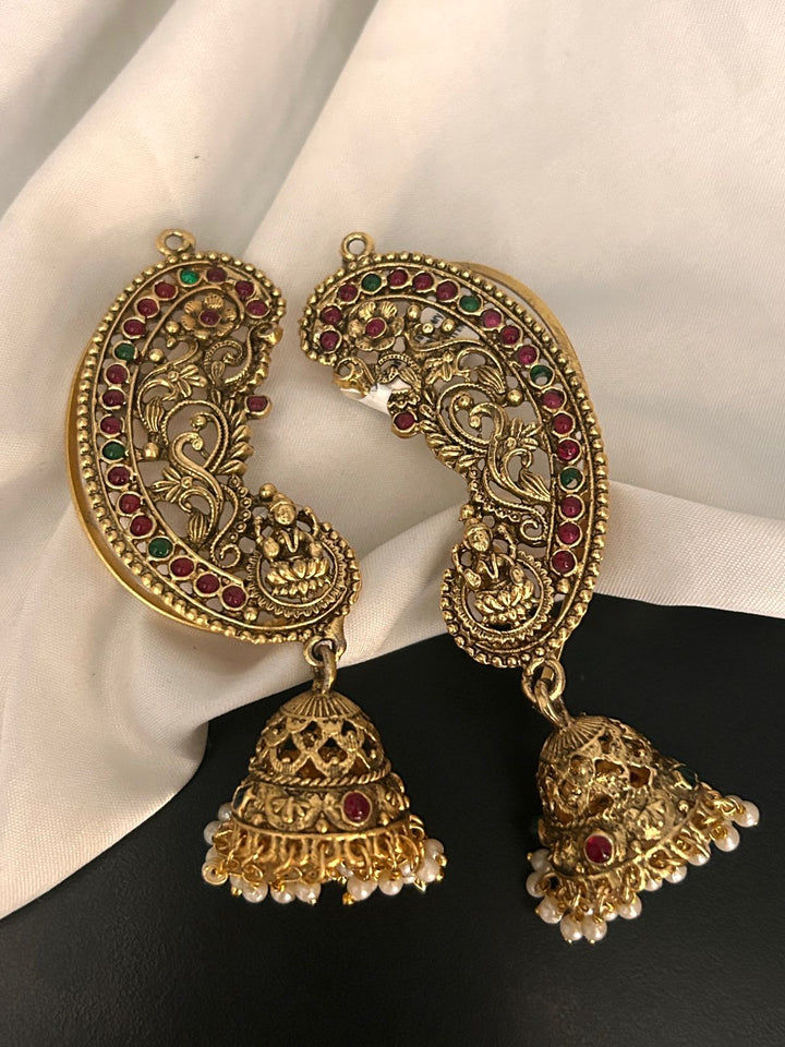 Antique Peacock Design Temple Jhumka Earrings with Ruby, Emerald & Pearls