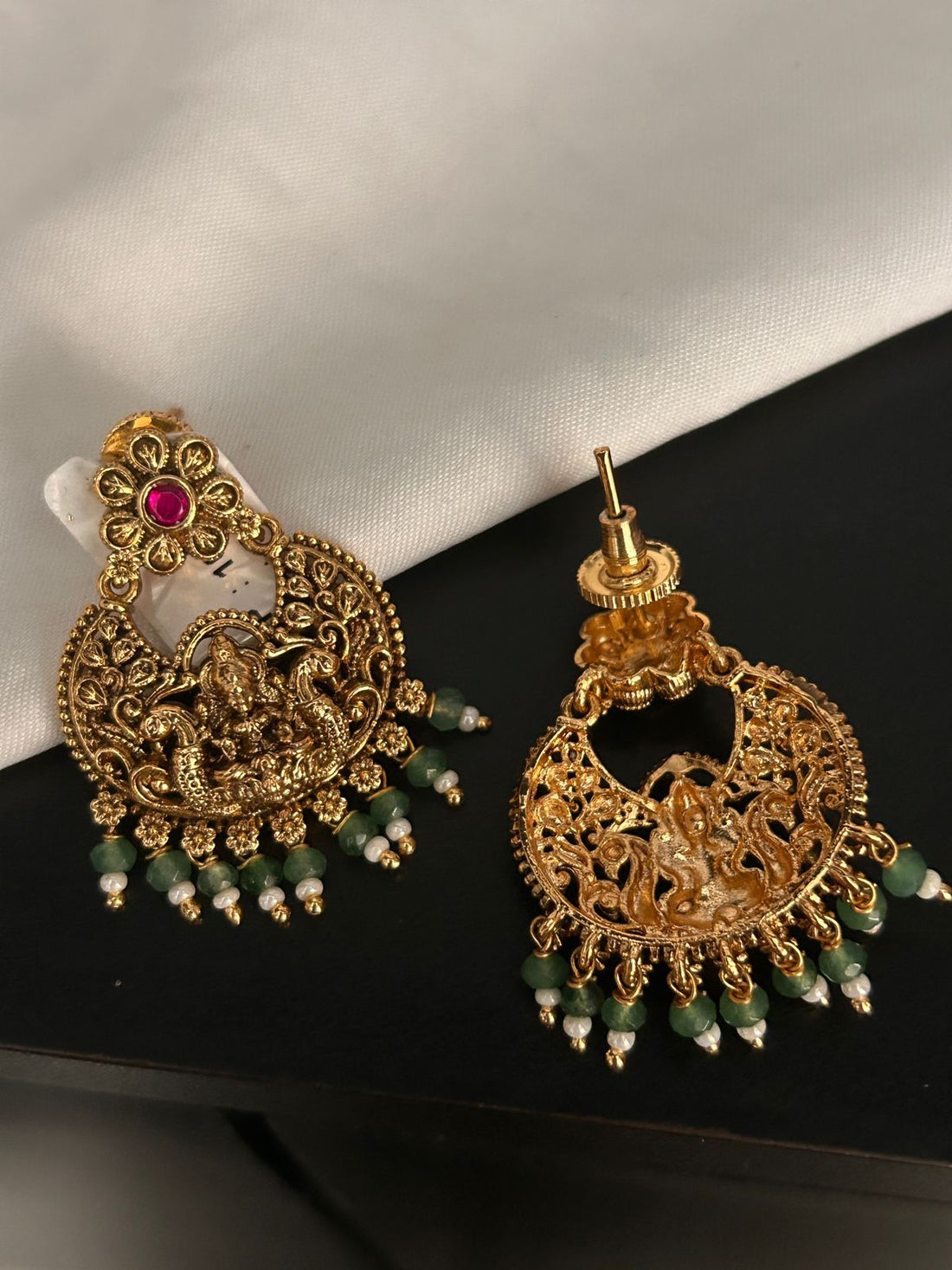 Antique Lakshmi Temple Earrings with Green Beads