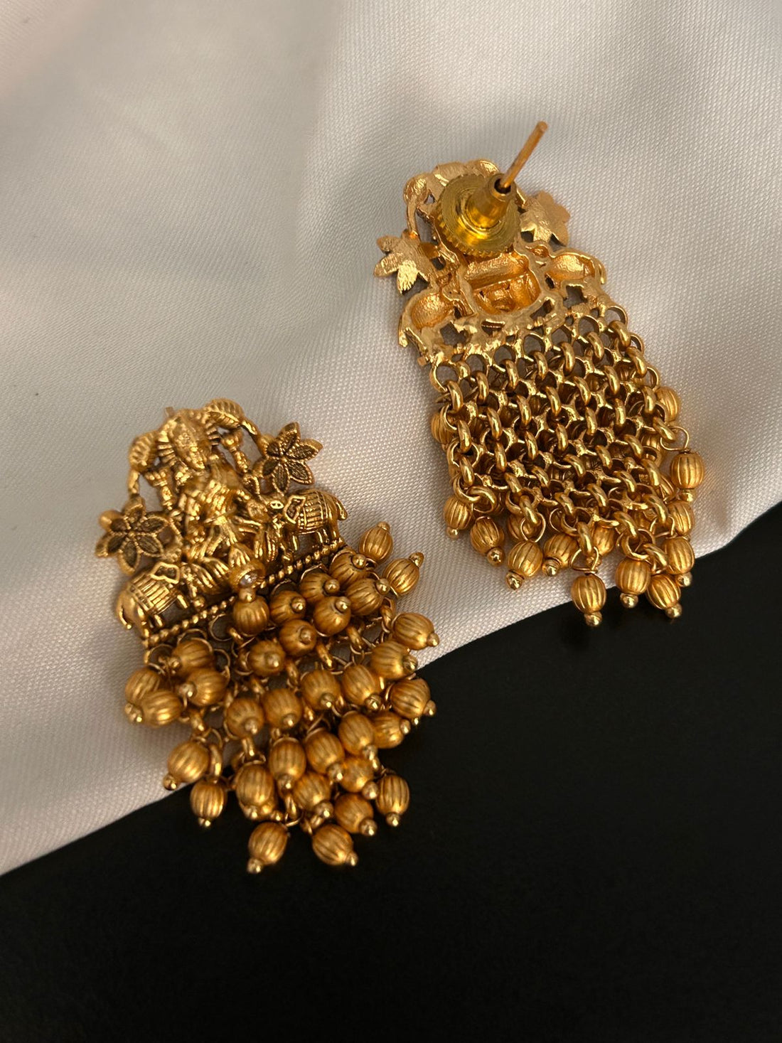 Antique Temple Elephant Motif Earrings with Golden Beads