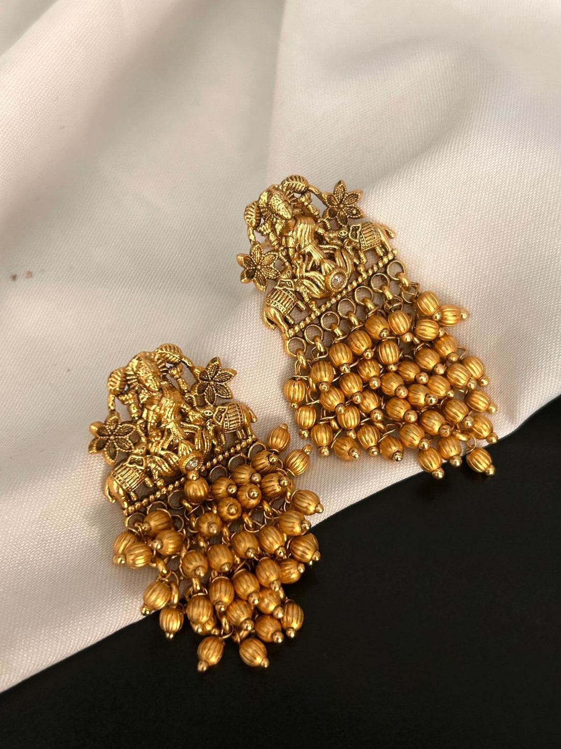 Antique Temple Elephant Motif Earrings with Golden Beads