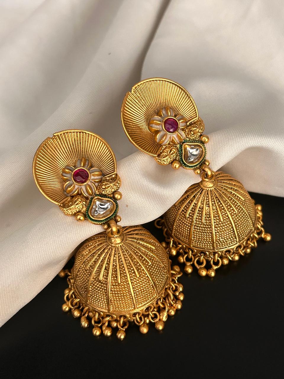 Antique Floral Dome Jhumka Earrings with Kundan & Bead Detailing