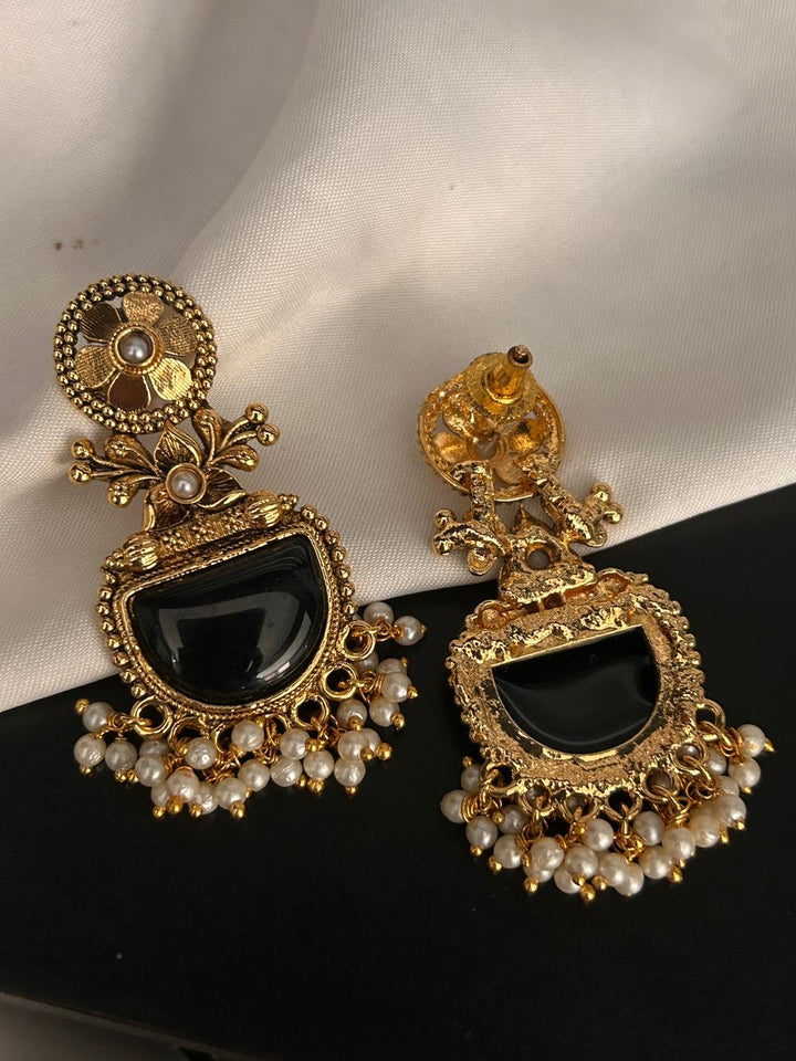 Antique Black Stone Earrings with Pearl Bead Detailing