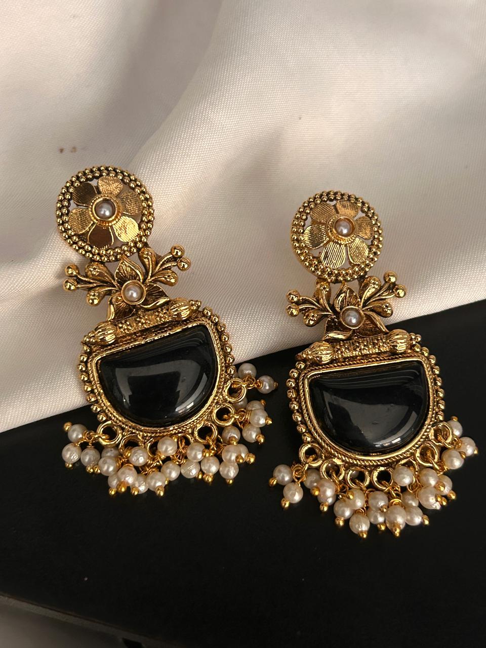 Antique Black Stone Earrings with Pearl Bead Detailing