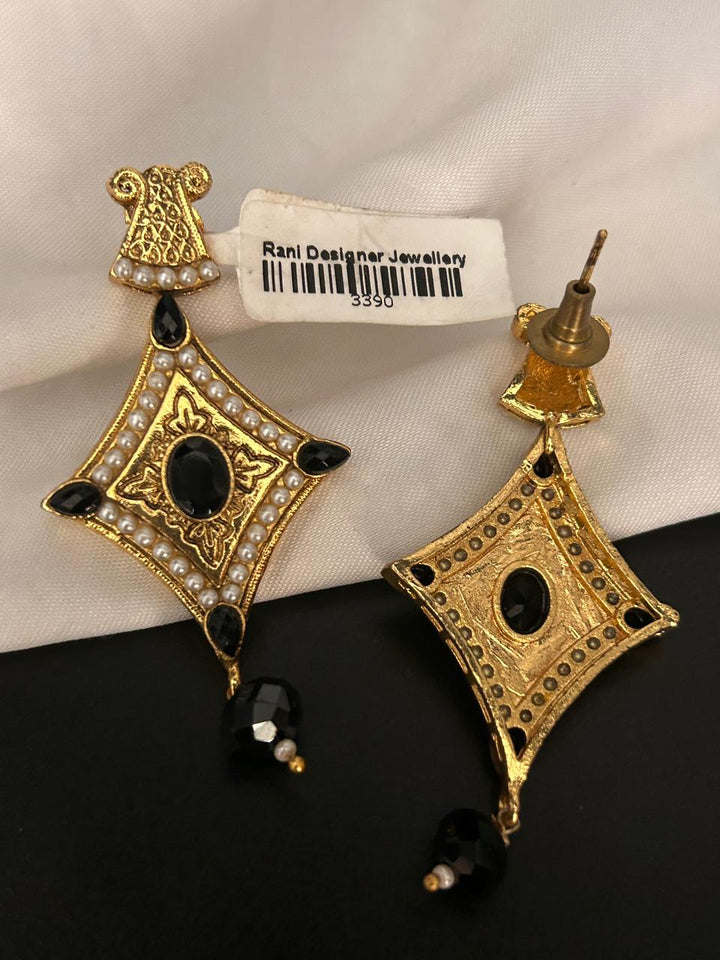 Antique Black Stone Pearl Dangle Earrings