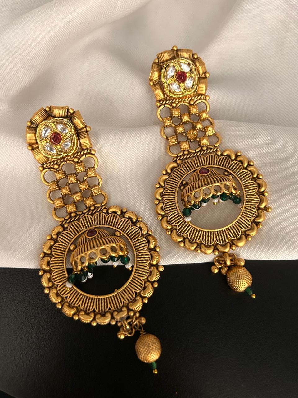 Antique Gold Circular Earrings with Kundan & Bead Detailing