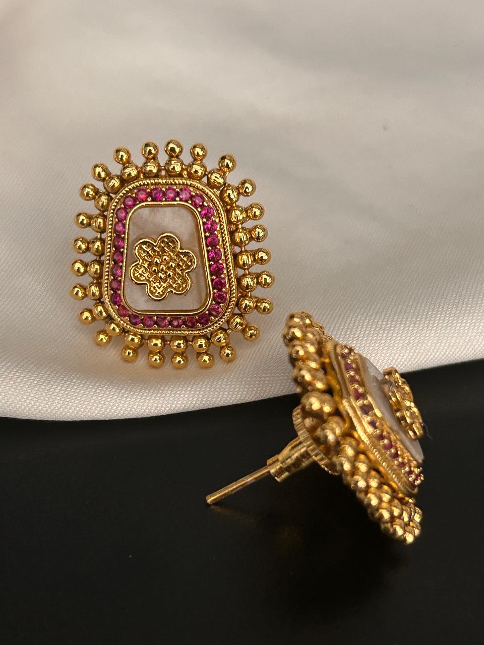 Antique Gold Stud Earrings with Pink Stone Detailing