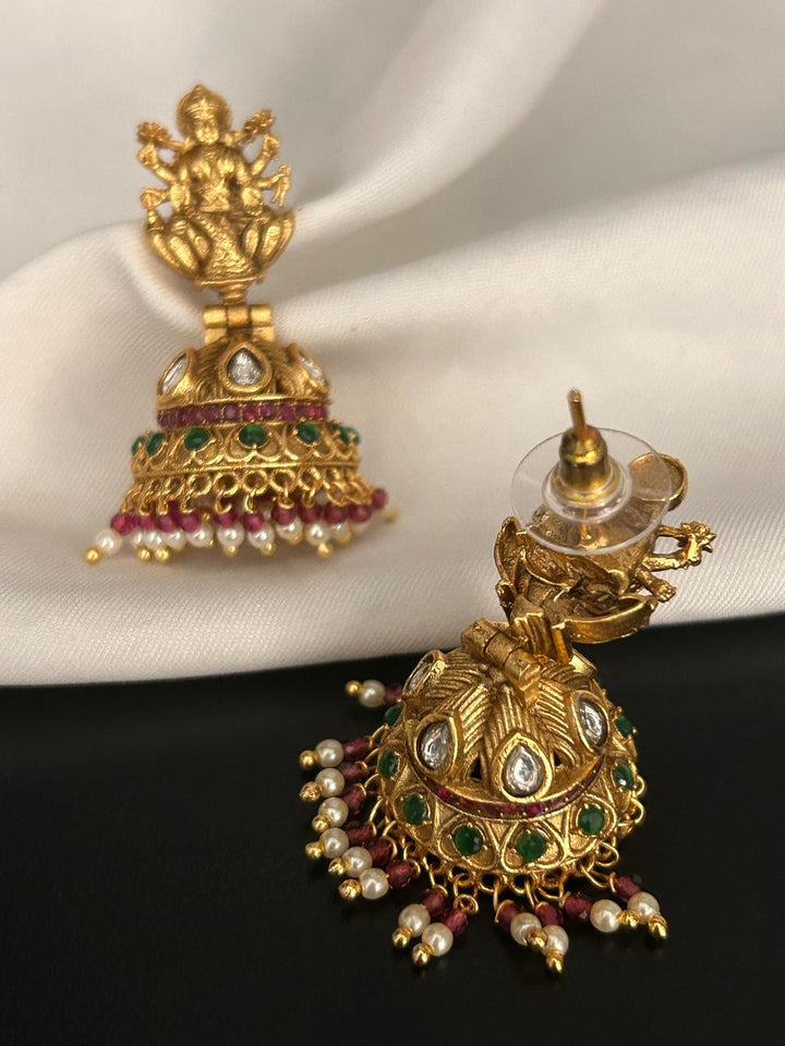 Antique Lakshmi Jhumka Earrings with Kundan, Green & Pearl Detailing