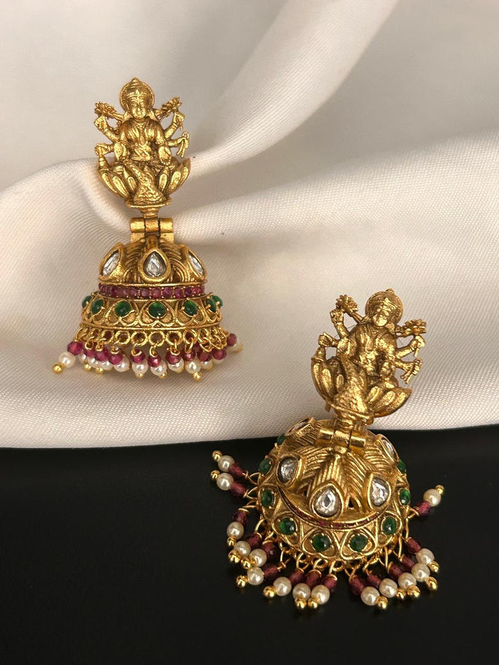 Antique Lakshmi Jhumka Earrings with Kundan, Green & Pearl Detailing