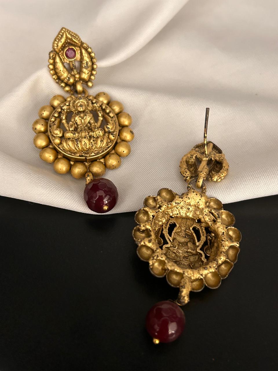 Antique Lakshmi Coin Earrings with Red Stone Drop