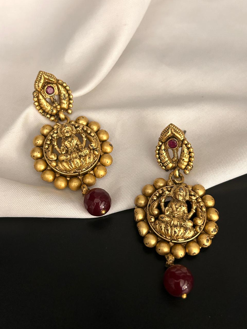 Antique Lakshmi Coin Earrings with Red Stone Drop