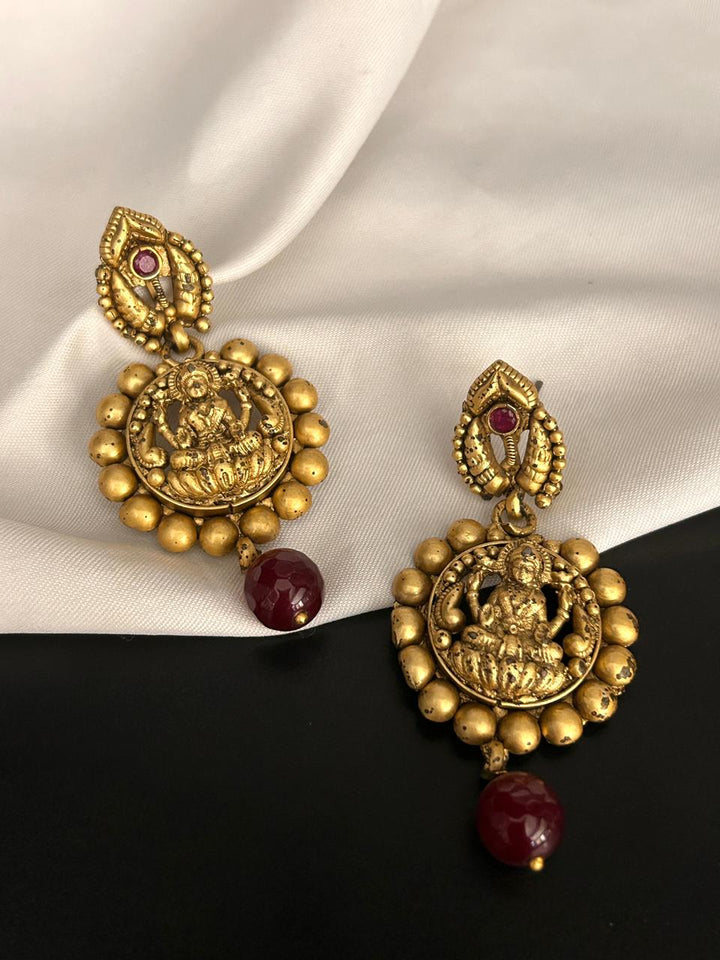 Antique Lakshmi Coin Earrings with Red Stone Drop