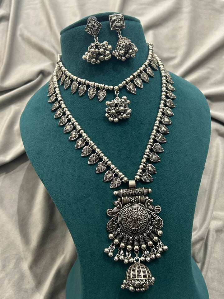 Antique Oxidized Layered Necklace Set with Jhumka Pendant & Earrings
