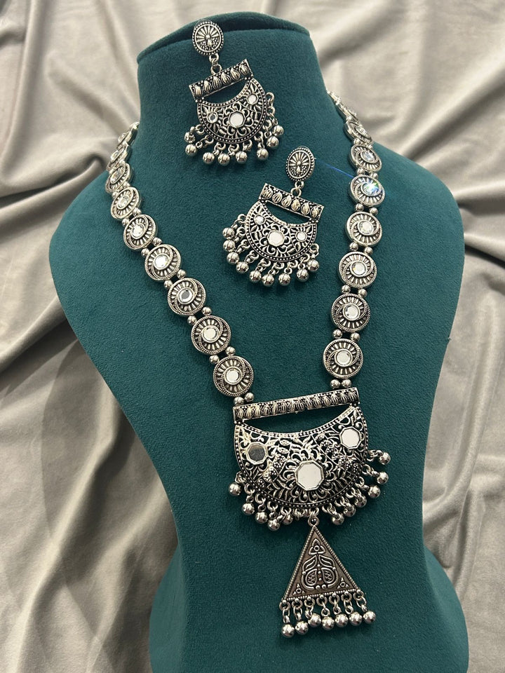 Antique Oxidized Mirror Work Necklace Set with Earrings