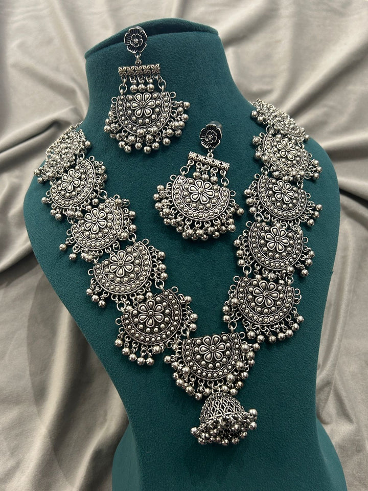 Antique Oxidized Floral Half-Moon Necklace Set with Earrings