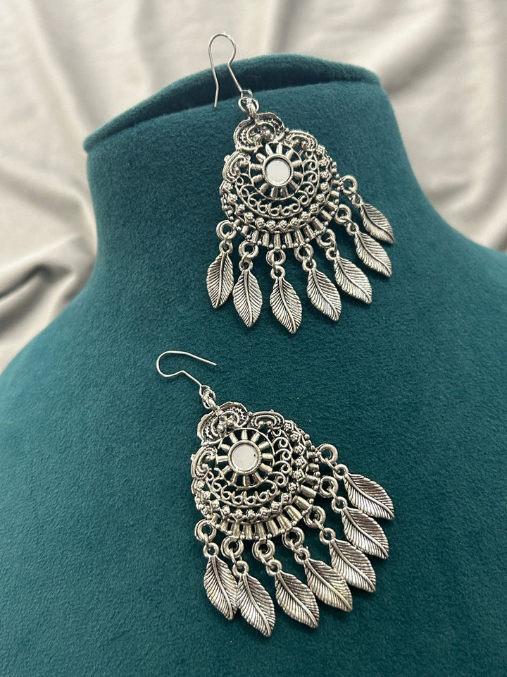 Antique Oxidized Peacock Pendant Necklace Set with Leaf Earrings