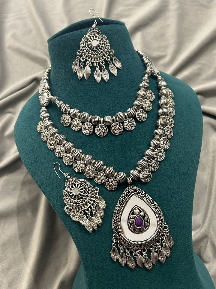 Antique Oxidized Peacock Pendant Necklace Set with Leaf Earrings