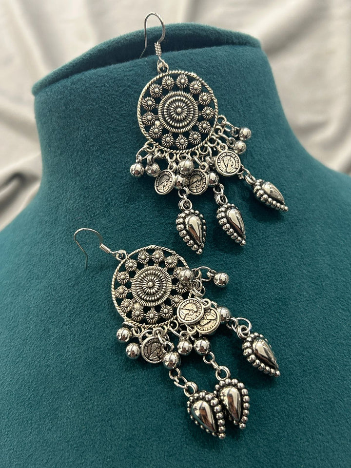 Antique Oxidized Mirror Work Necklace Set with Coin Pendant & Earrings