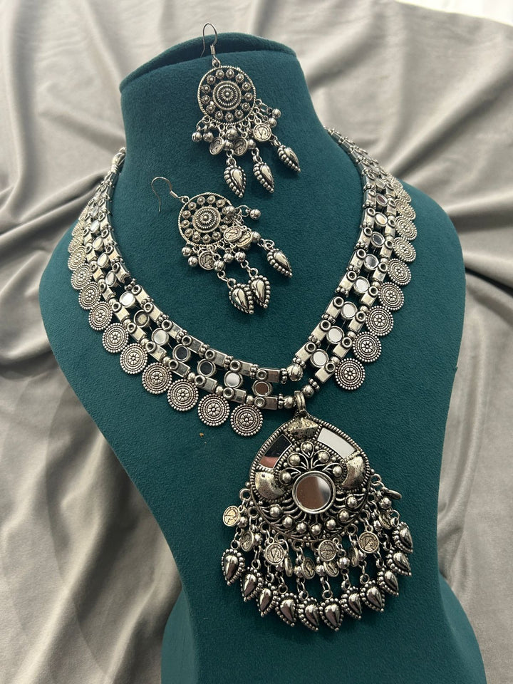 Antique Oxidized Mirror Work Necklace Set with Coin Pendant & Earrings