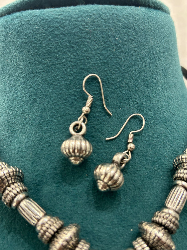 Antique Oxidized Silver Pendant Necklace Set with Earrings