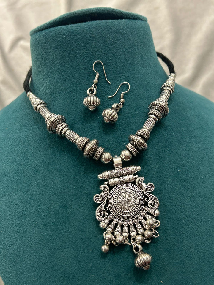 Antique Oxidized Silver Pendant Necklace Set with Earrings