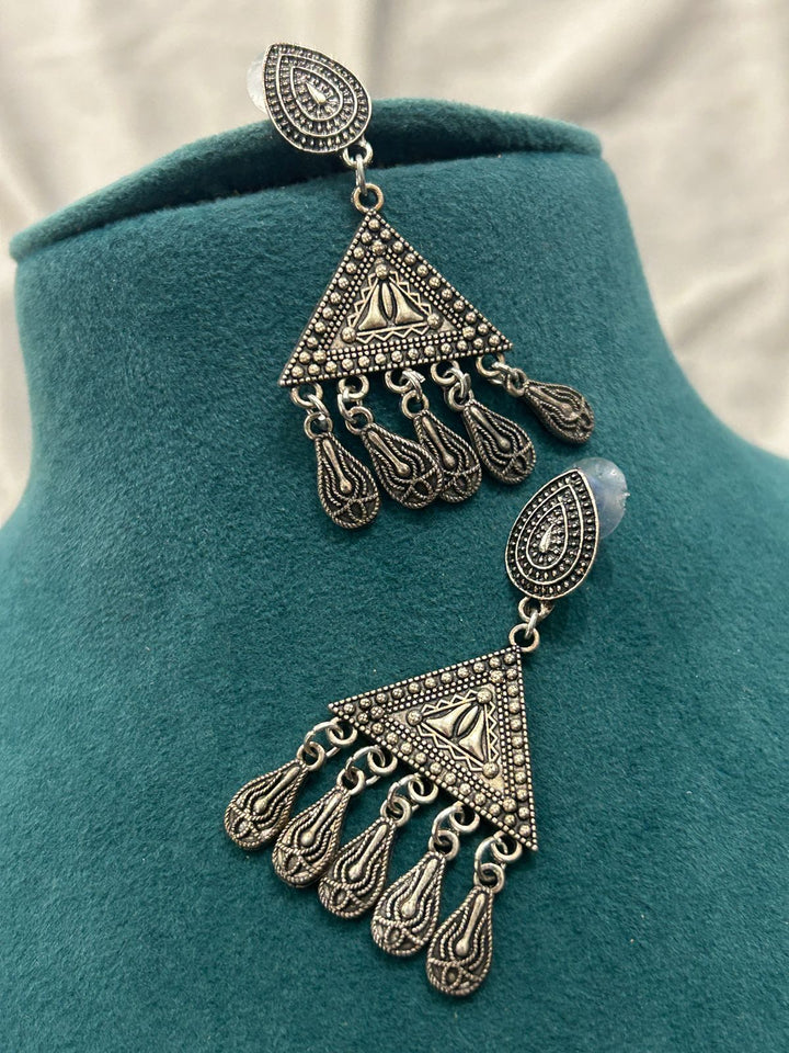 Antique Oxidized Silver Tribal Choker Necklace Set with Dangling Earrings