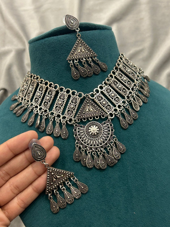 Antique Oxidized Silver Tribal Choker Necklace Set with Dangling Earrings