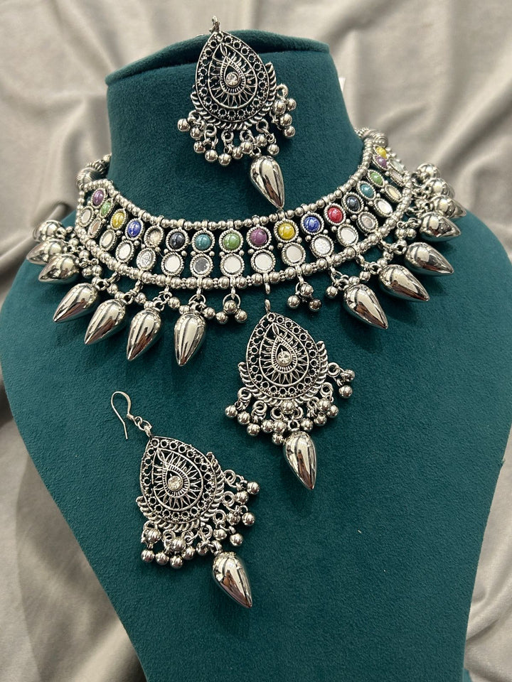 Multicolor Stone Oxidized Choker Necklace Set with Earrings