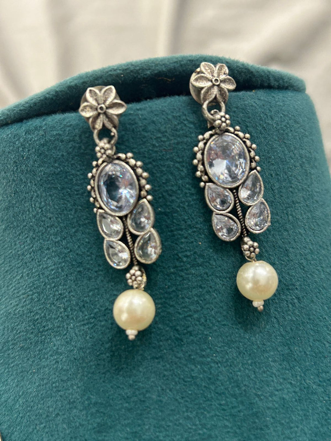 Crystal Stone Oxidized Necklace Set with Pearl Drop Earrings