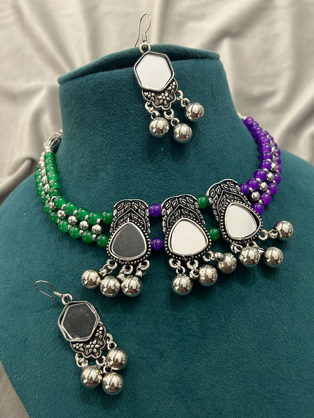 Oxidized Mirror Work Beaded Necklace Set with Earrings