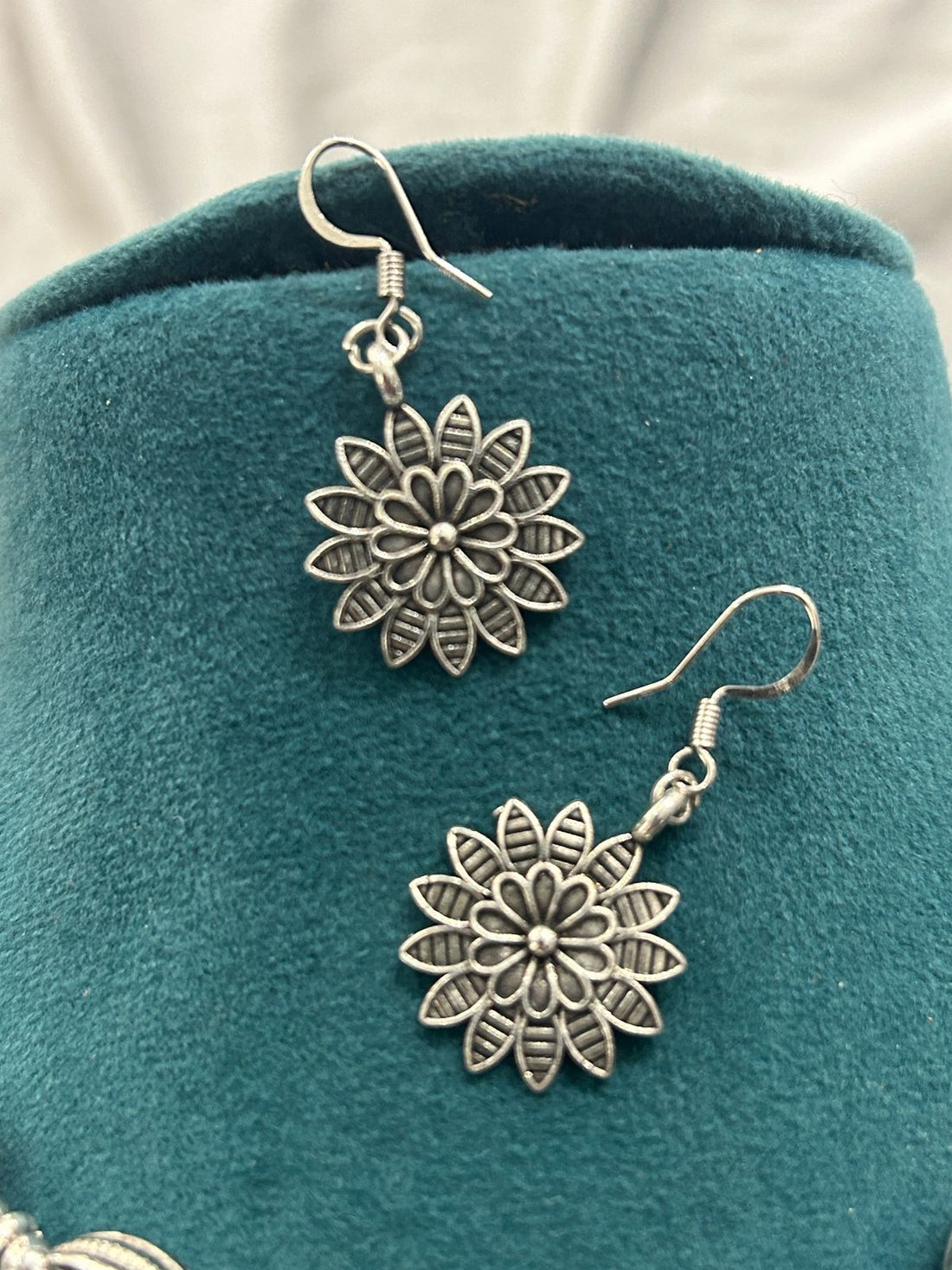 Oxidized Silver Floral Choker Necklace Set with Matching Earrings
