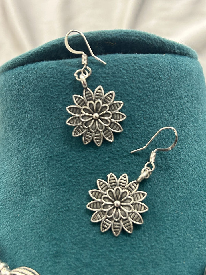 Oxidized Silver Floral Choker Necklace Set with Matching Earrings