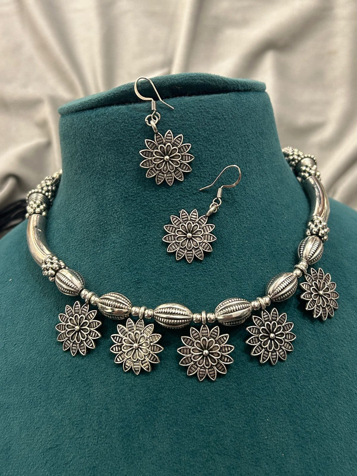 Oxidized Silver Floral Choker Necklace Set with Matching Earrings