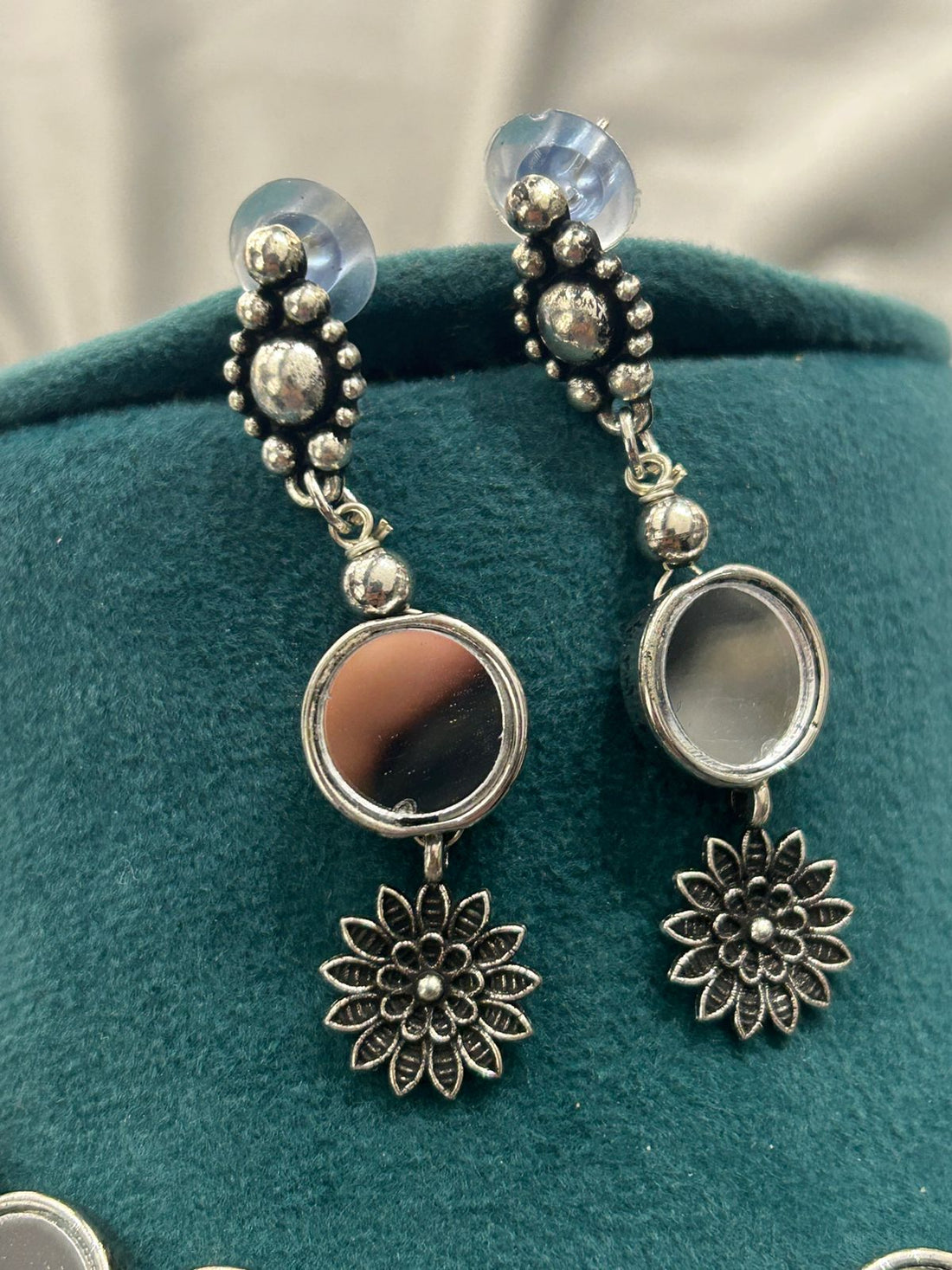 Oxidized Silver Mirror Choker Necklace Set with Floral Charms