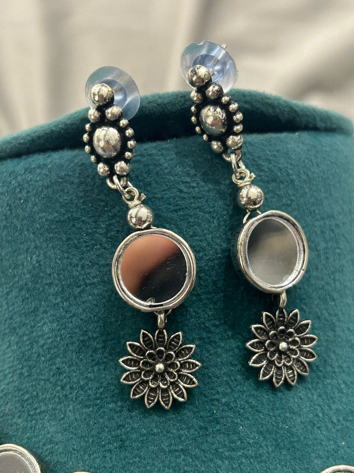 Oxidized Silver Mirror Choker Necklace Set with Floral Charms