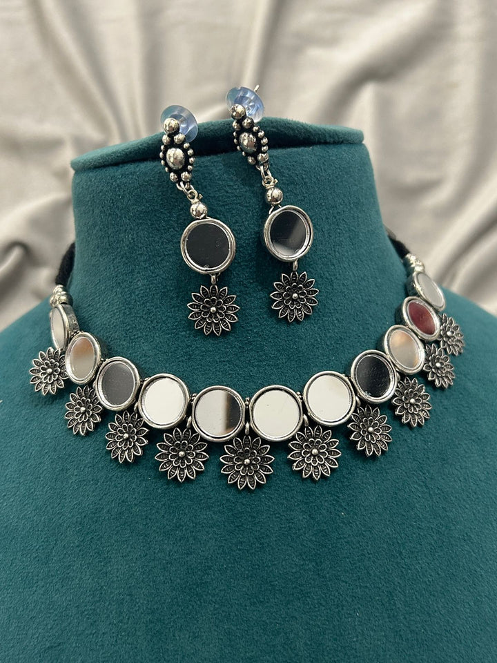 Oxidized Silver Mirror Choker Necklace Set with Floral Charms