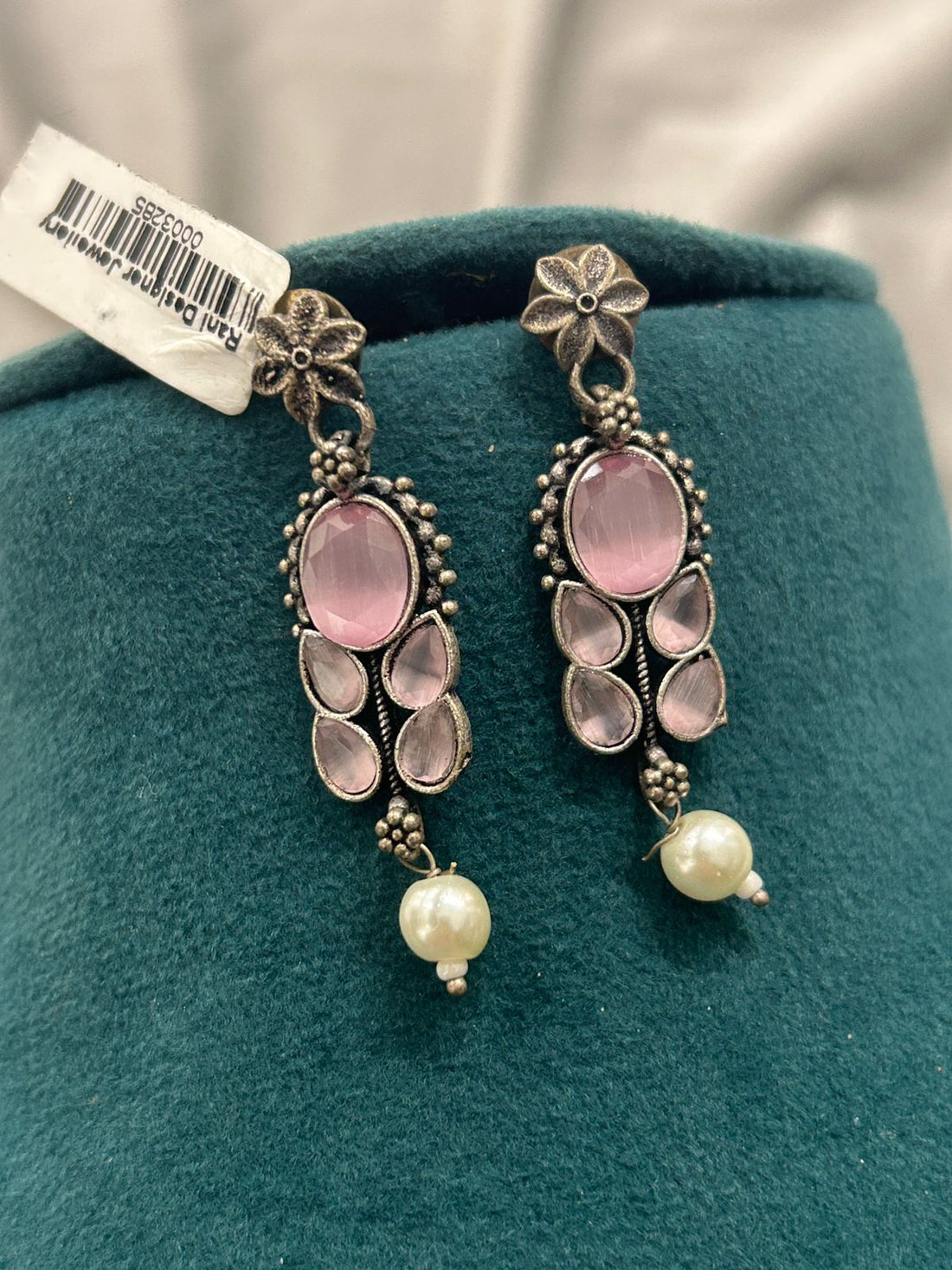 Pink Stone Oxidized Choker Necklace Set with Matching Earrings