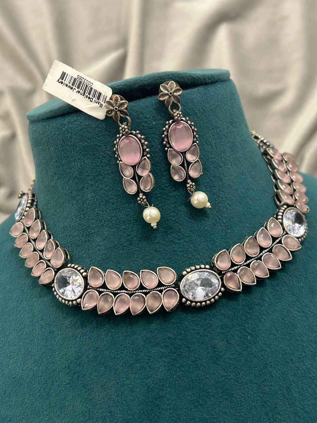 Pink Stone Oxidized Choker Necklace Set with Matching Earrings