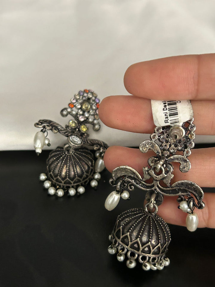 Antique Oxidized Peacock Design Jhumka Earrings with Multicolor Stones