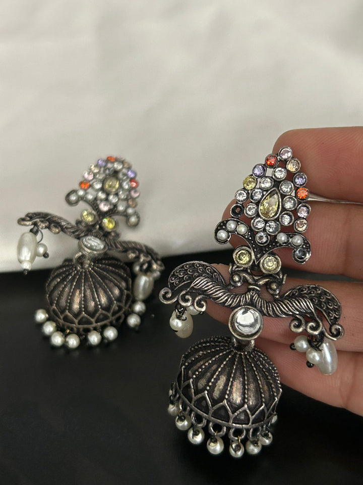 Antique Oxidized Peacock Design Jhumka Earrings with Multicolor Stones