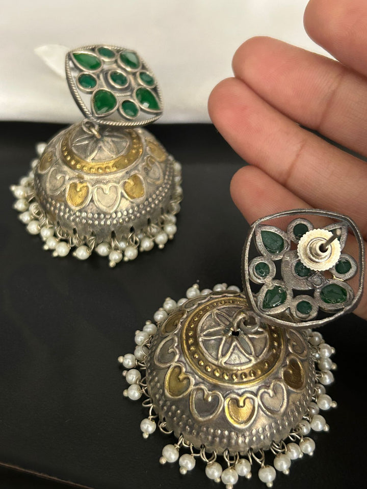 Antique Green Stone Oxidized Jhumka Earrings with Pearl Drops