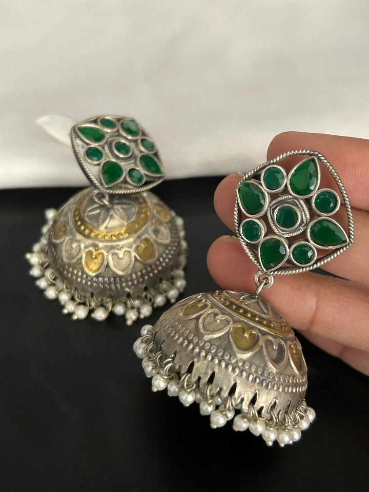 Antique Green Stone Oxidized Jhumka Earrings with Pearl Drops