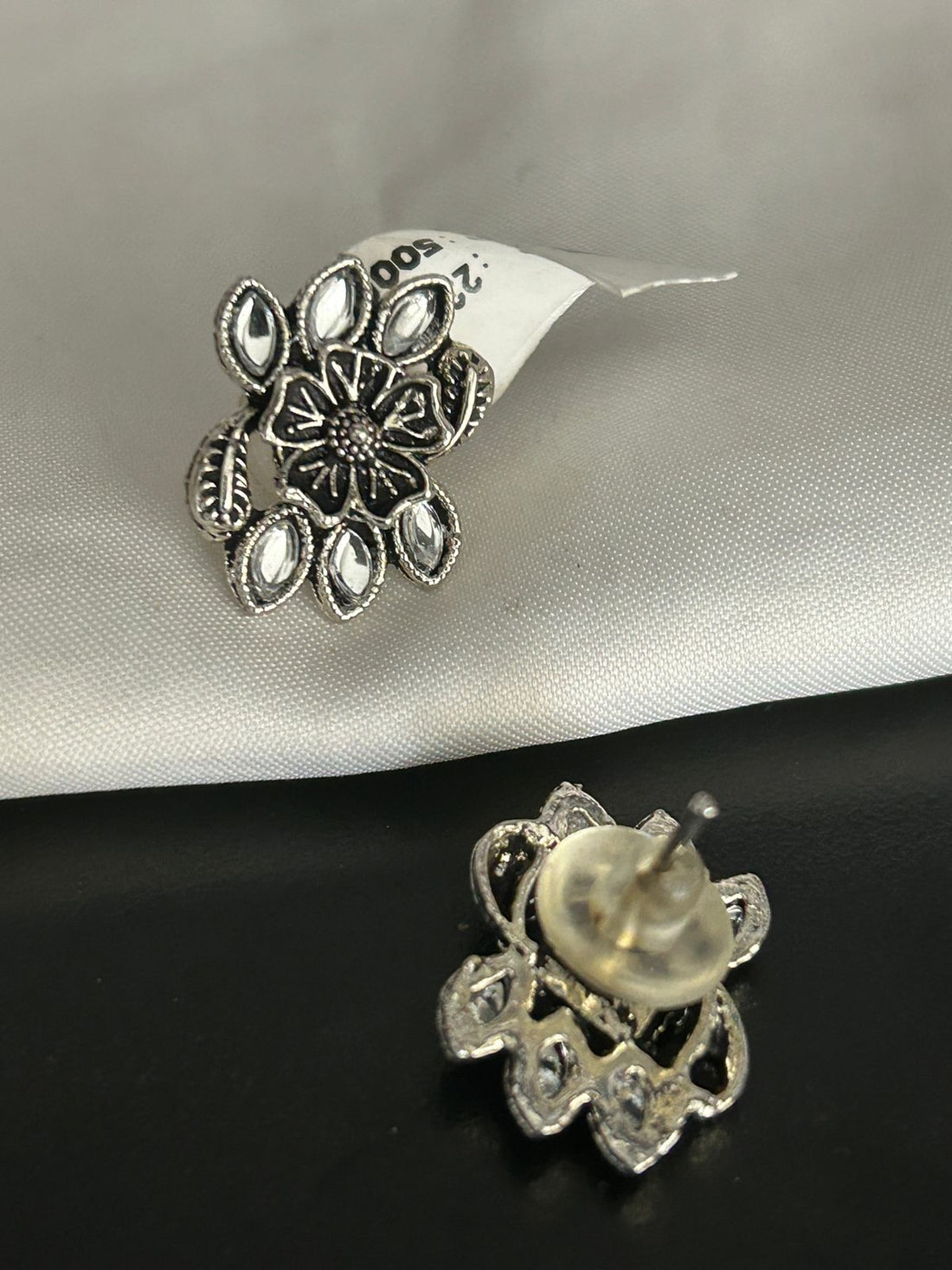 Floral Oxidized Stud Earrings with Mirror Work