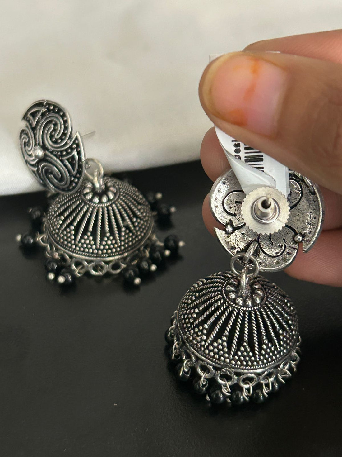 Oxidized Silver Dome Jhumka Earrings with Tribal Design