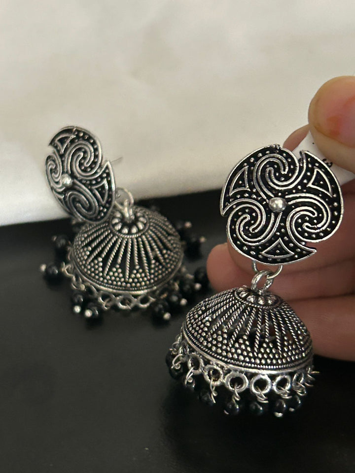 Oxidized Silver Dome Jhumka Earrings with Tribal Design