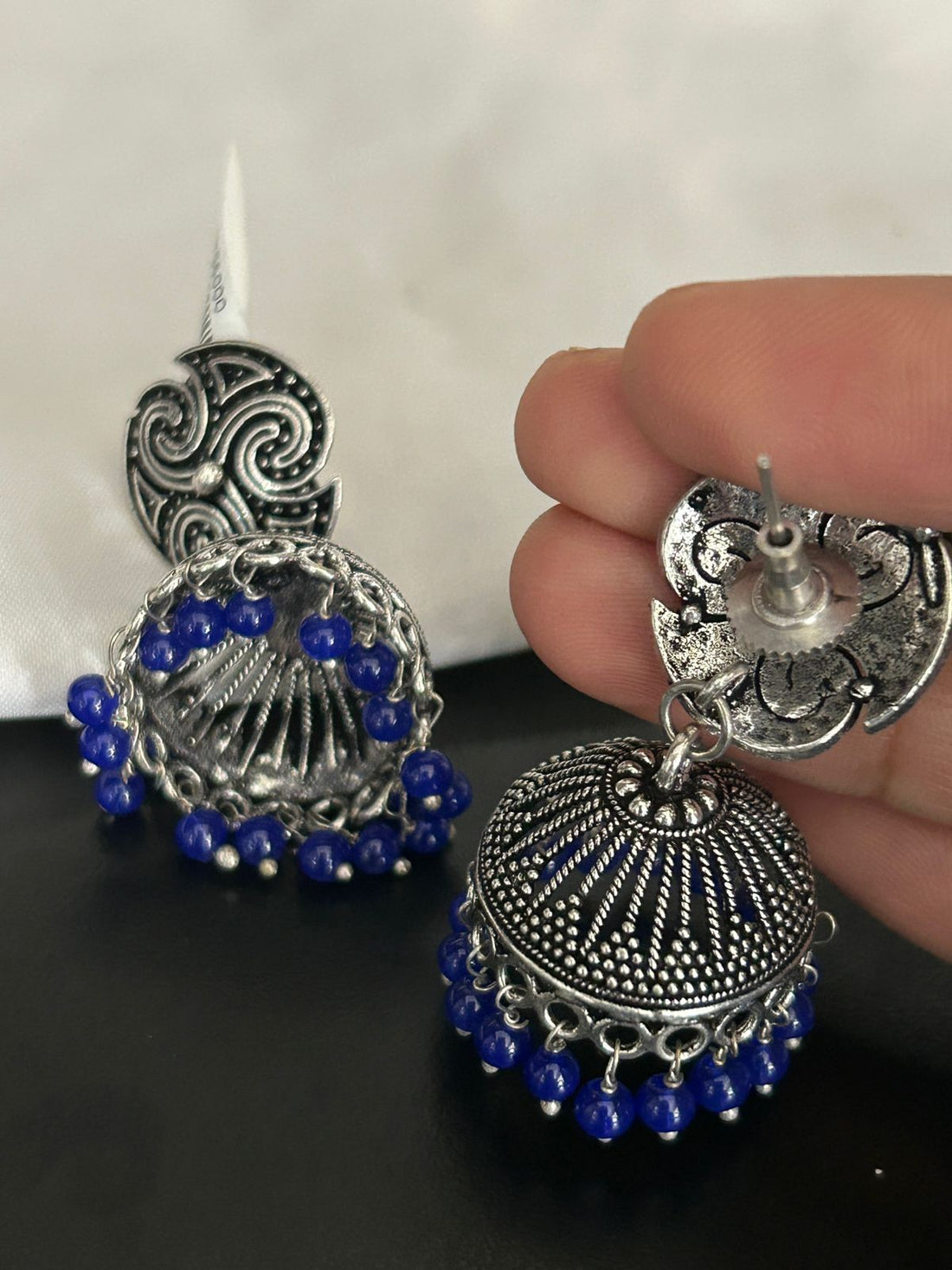 Oxidized Silver Dome Jhumka Earrings with Blue Beads